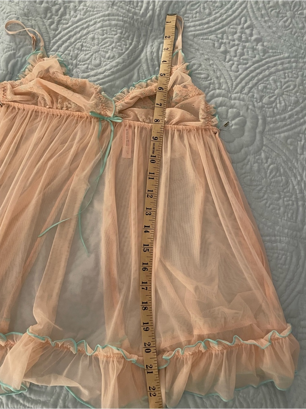 La Vie En Rose Pink Sheer Lace Babydoll with Teal Trim - Picture 5 of 5